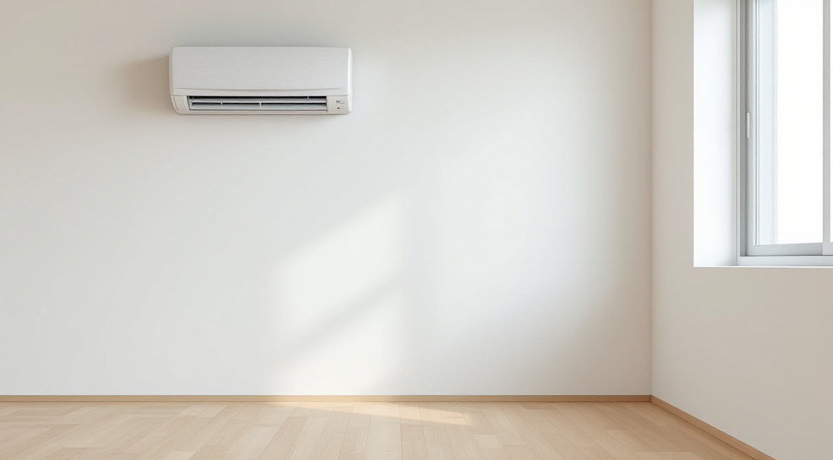 賃貸住宅の室内。白い壁に取り付けられたエアコンの室内機と、窓から差し込む自然光