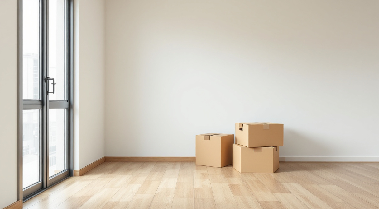 引越し直後の賃貸住宅の室内。壁際に積まれた段ボール箱と、窓から差し込む自然光